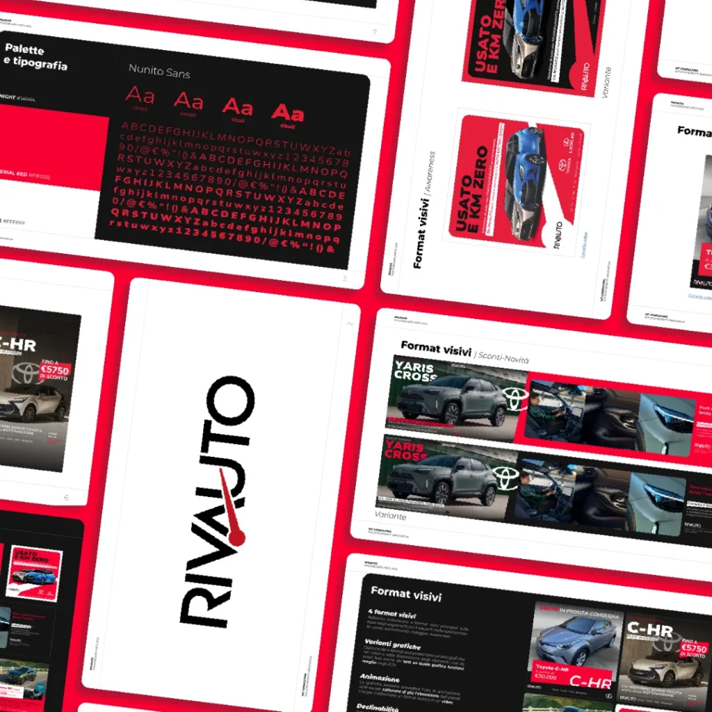 Presentazione della brand identity di Rivauto con palette, tipografia e formati visivi su fondo rosso