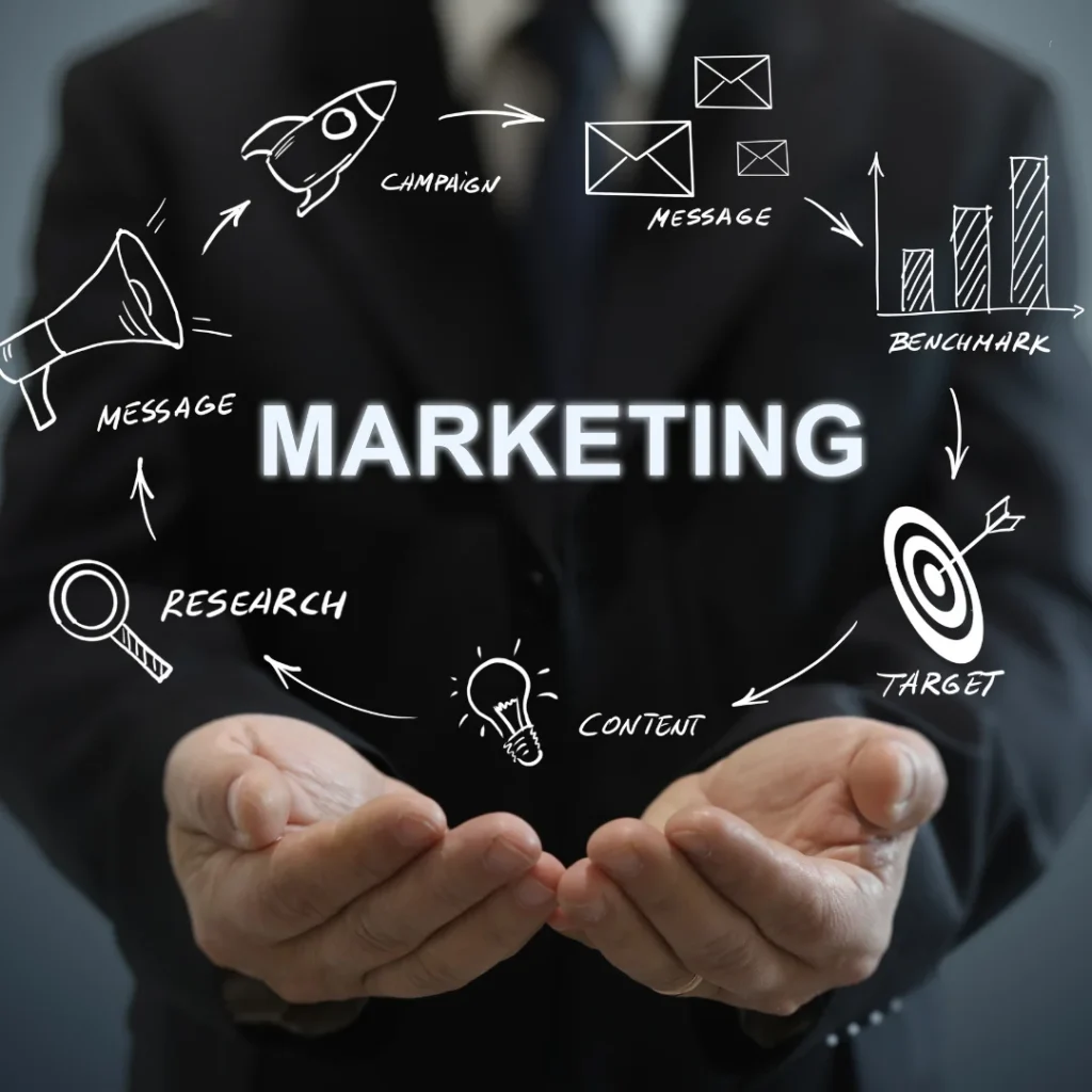 Mani aperte con la parola Marketing al centro di icone su ricerca, contenuto, target, campagna, messaggio e benchmark