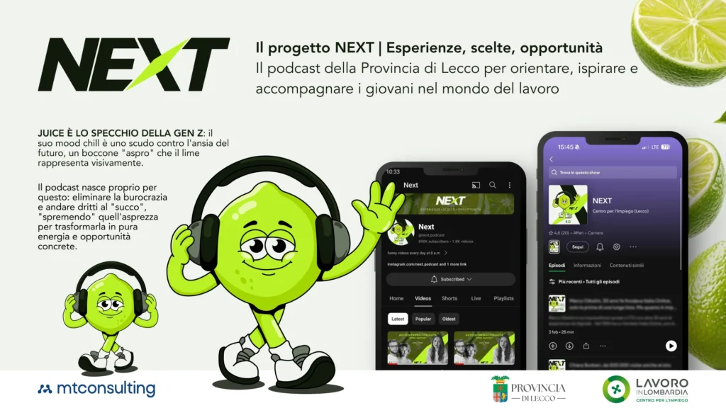 Locandina del progetto NEXT, il podcast della Provincia di Lecco per i giovani, con la mascotte lime e lo smartphone