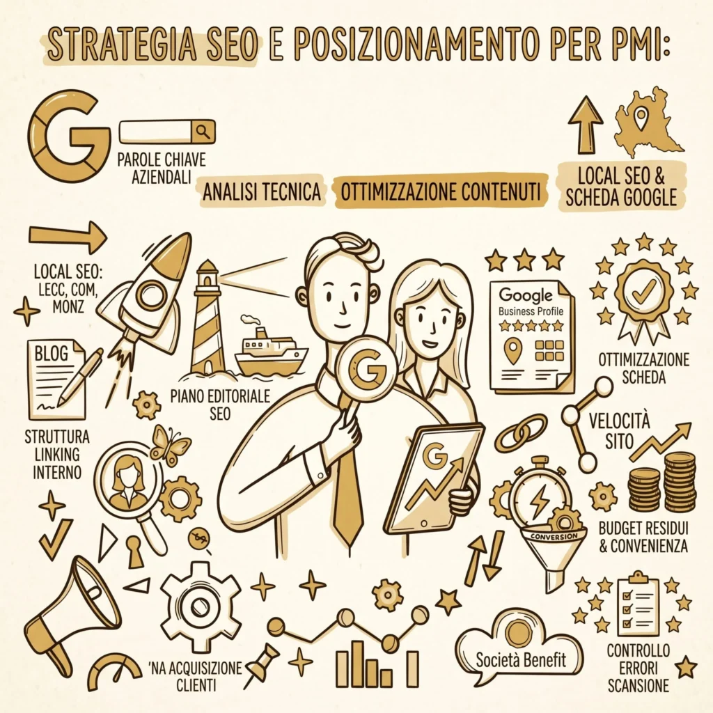 Infografica sulla strategia SEO e il posizionamento per PMI: parole chiave, analisi tecnica, contenuti e scheda Google
