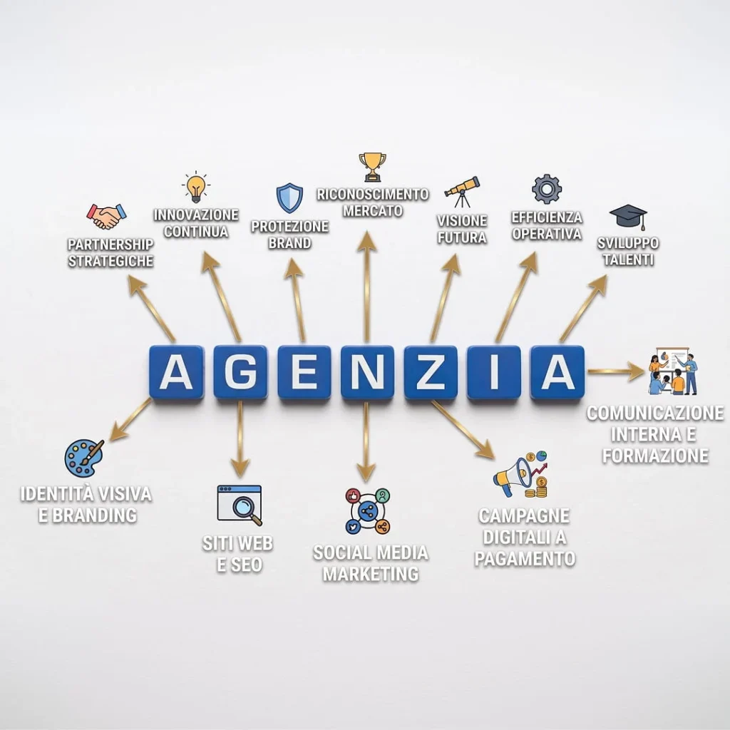 Schema con la parola AGENZIA al centro: branding, siti web e SEO, social media e campagne digitali