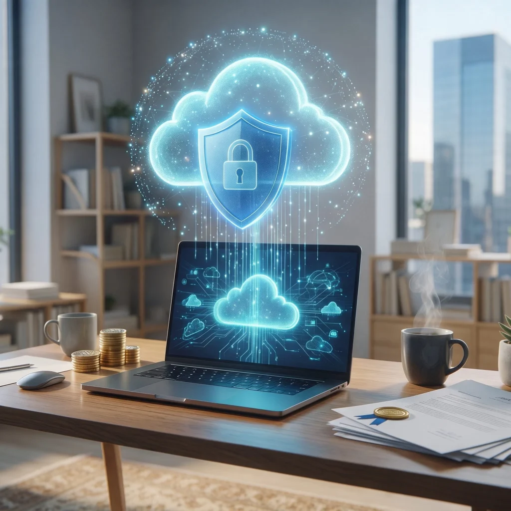 Nuvola con scudo e lucchetto sopra un computer portatile, con monete e documenti sulla scrivania: bandi per cloud e cybersecurity