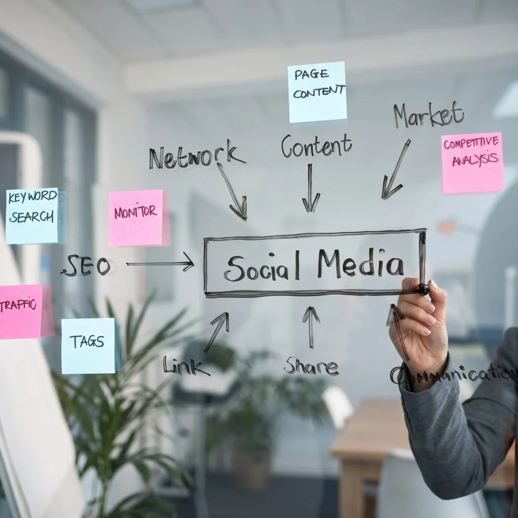 Mano che scrive Social Media su una lavagna trasparente con note su SEO, contenuti, network e link