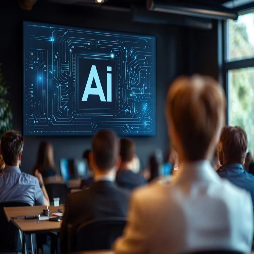 Partecipanti a un corso di intelligenza artificiale davanti a un grande schermo con la scritta AI
